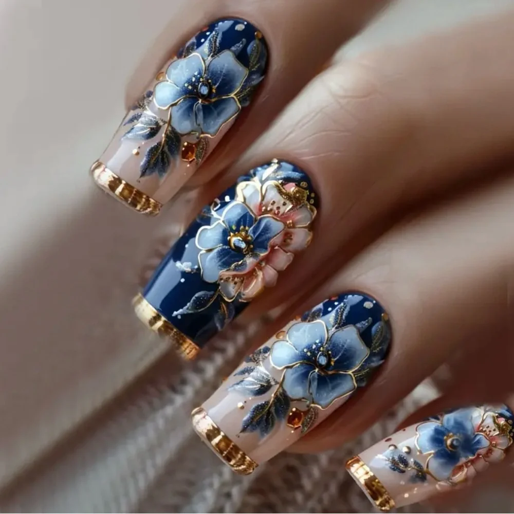 Floral Blue and Cream Press-On Nails, NEW - Picture 6 of 6